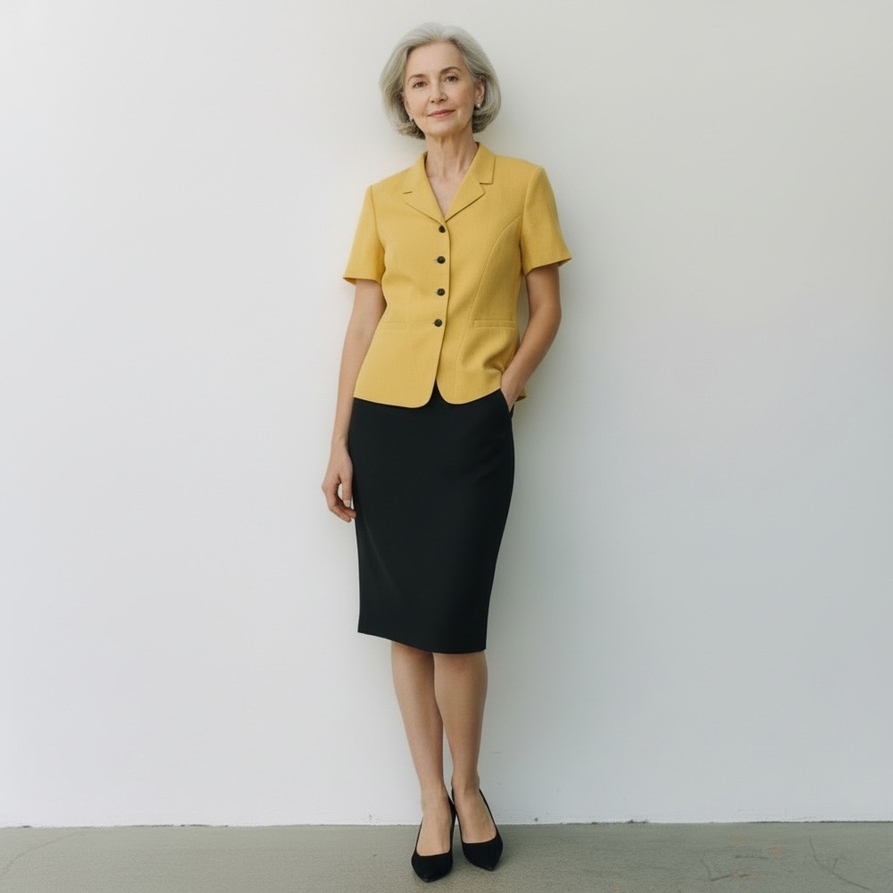Vintage Le Suit Yellow Black Polyester Lined Short Sleeves Skirt Suit Size 10